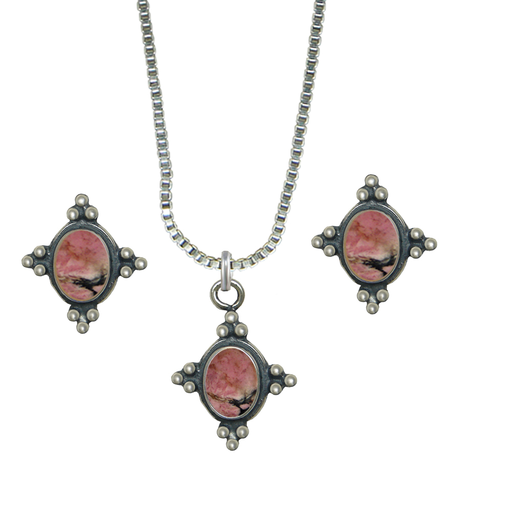 Sterling Silver Petite Necklace Earrings Set Rhodonite